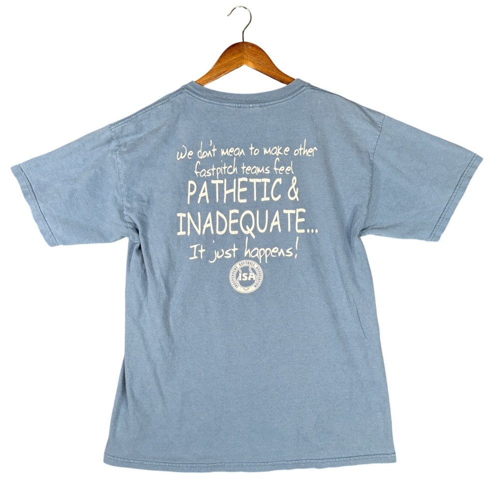 Gildan ISA Fastpitch Softball Graphic T-Shirt Blue Womens Medium Funny Quote Tee